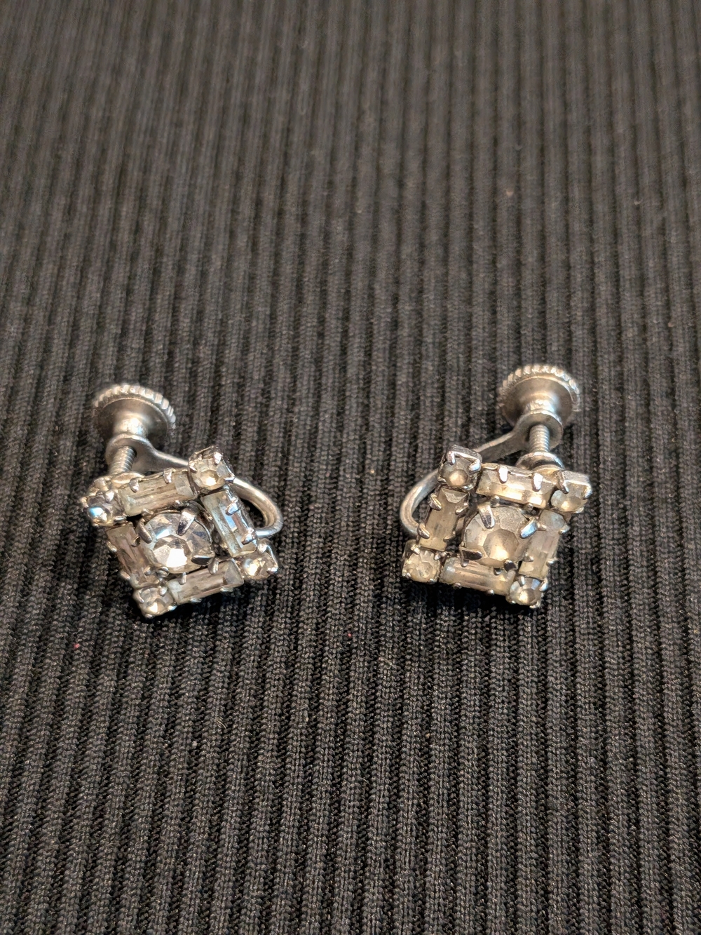 B#4:Vintage 1950s Silver-Tone Crystal Screwback Earrings - Silver